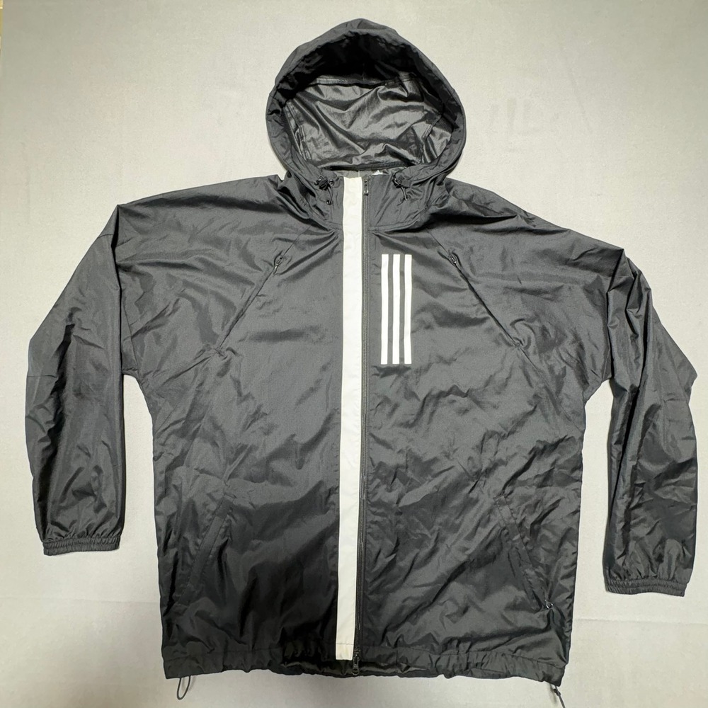 Adidas Mens XL Black White Stripe Ripstop Hooded Windbreaker Jacket Full Zip